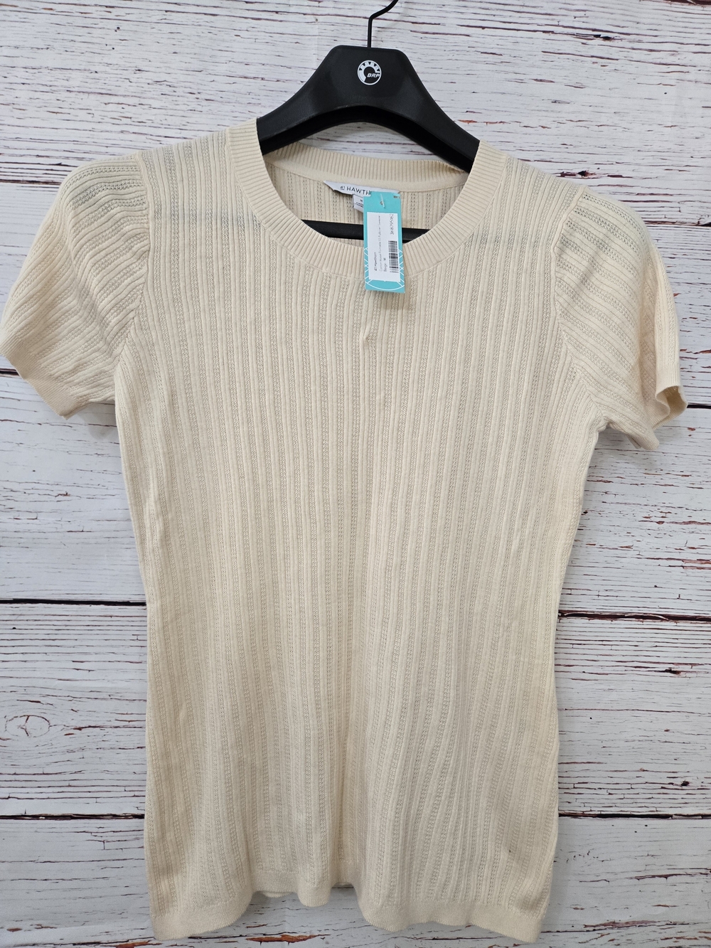 NWT 41 Hawthorn Women’s Pointelle Knit Top Beige Medium Short Sleeve
